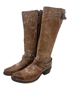 Sonora Melinda Tall Riding Boots Beige Distressed Leather Western Boots US 9.5
